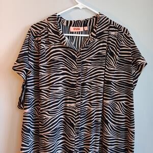 EUC Evri 2X Black Tan Botton-Up Zebra Striped Capped Sleeves Blouse